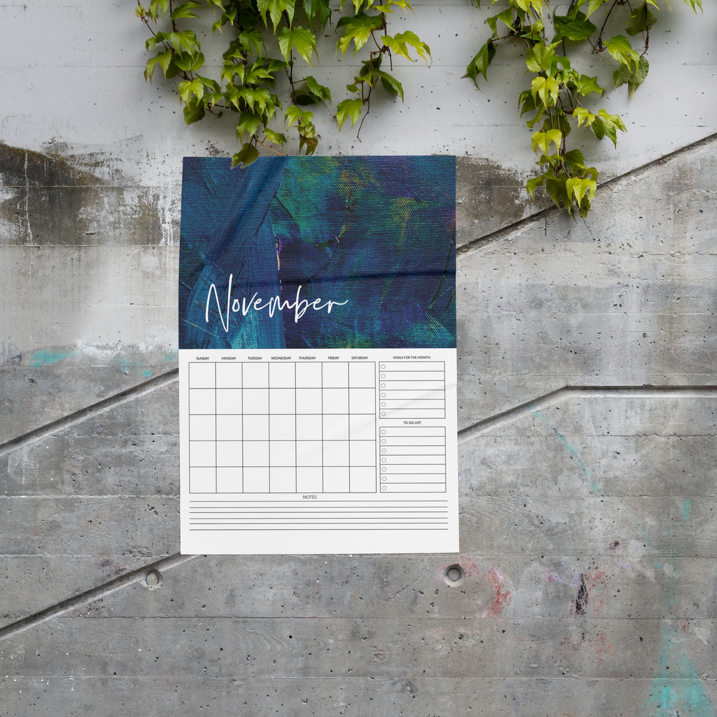 Calendario mensual vertical imprimible de arte abstracto sin fecha con lista de tareas y notas