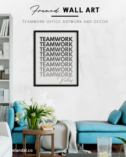 Póster enmarcado con texto "Teamwork Vibes", elegante decoración de pared para oficina, disponible en 3 tamaños