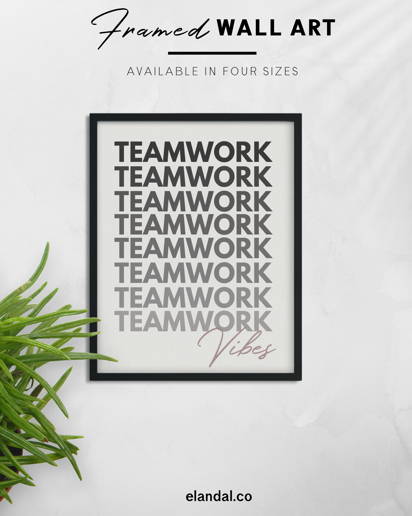 Póster enmarcado con texto "Teamwork Vibes", elegante decoración de pared para oficina, disponible en 3 tamaños