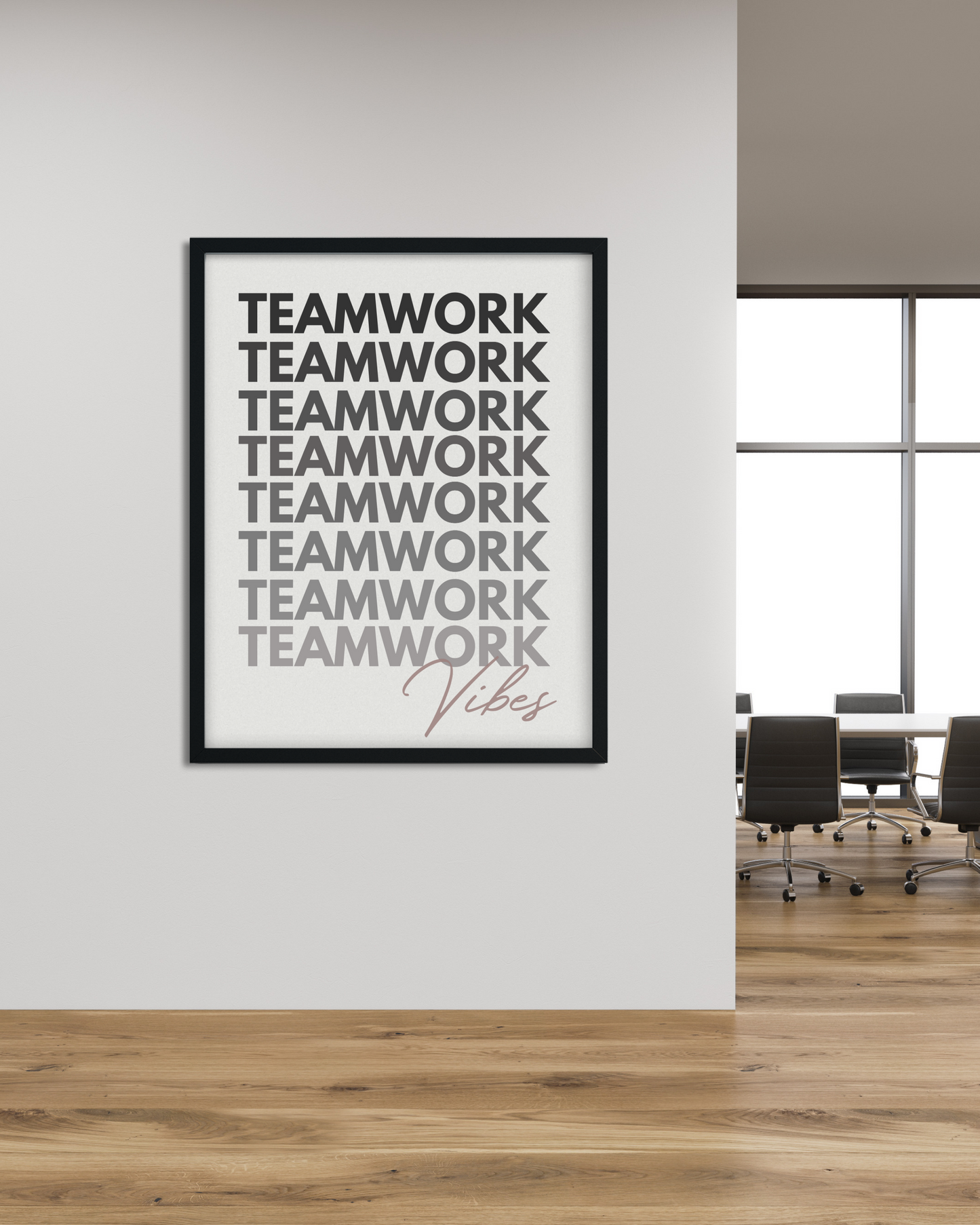 Póster enmarcado con texto "Teamwork Vibes", elegante decoración de pared para oficina, disponible en 3 tamaños