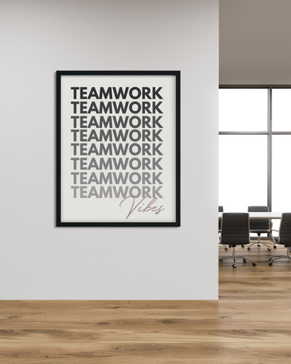 Póster enmarcado con texto "Teamwork Vibes", elegante decoración de pared para oficina, disponible en 3 tamaños