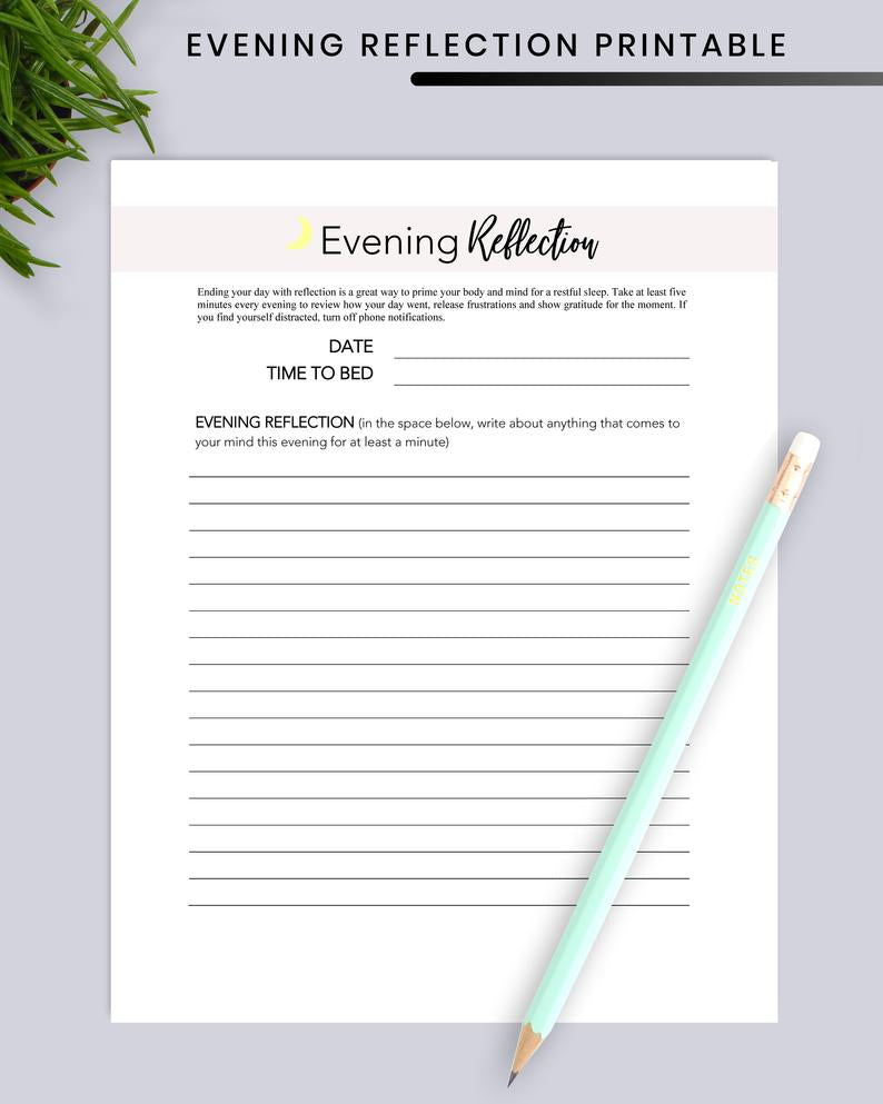 Evening Reflection Printable: Self-Care Daily Routine Gratitude Journal Pages for Bedtime