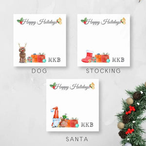 Monogrammed Holiday Christmas Sticky Note Pads, Custom Print Office Supplies, 3x3 inch Notepads with Dog, Stocking Stuffer, and Santa Christmas Designs